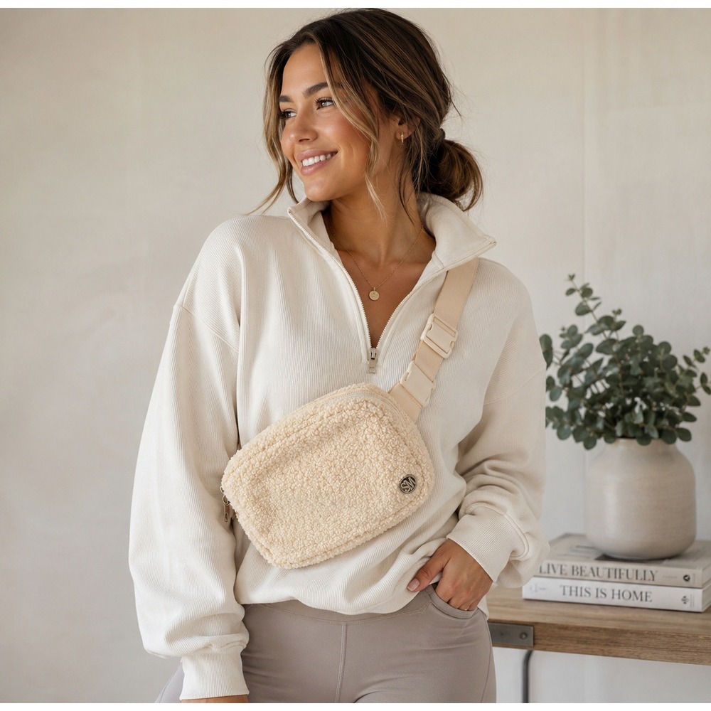 Steve Madden Sherpa Belt Bag Cream Fleece Fanny Pack Crossbody NWT